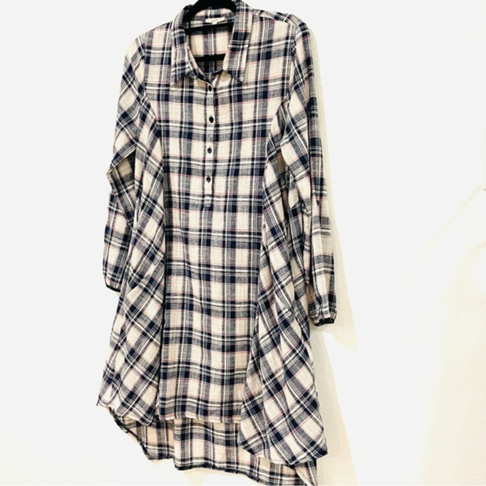 Mystree Navy Cream Plaid Hi-Low Shirt Dress with Pockets